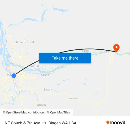 NE Couch & 7th Ave to Bingen WA USA map