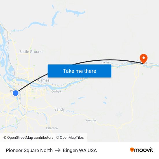 Pioneer Square North to Bingen WA USA map
