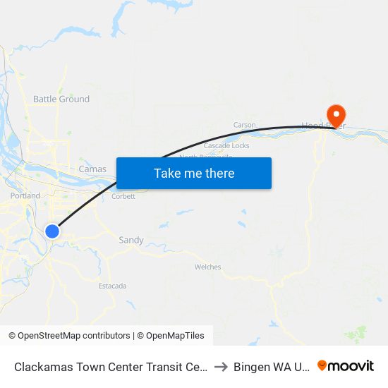 Clackamas Town Center Transit Center to Bingen WA USA map