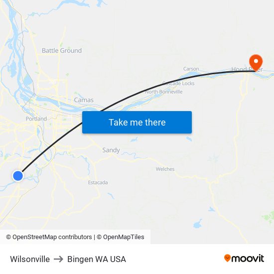 Wilsonville to Bingen WA USA map