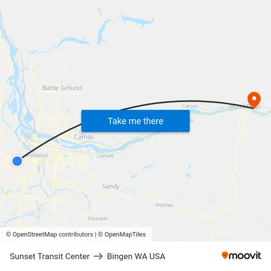 Sunset Transit Center to Bingen WA USA map