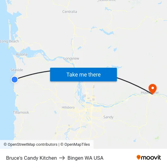 Bruce's Candy Kitchen to Bingen WA USA map