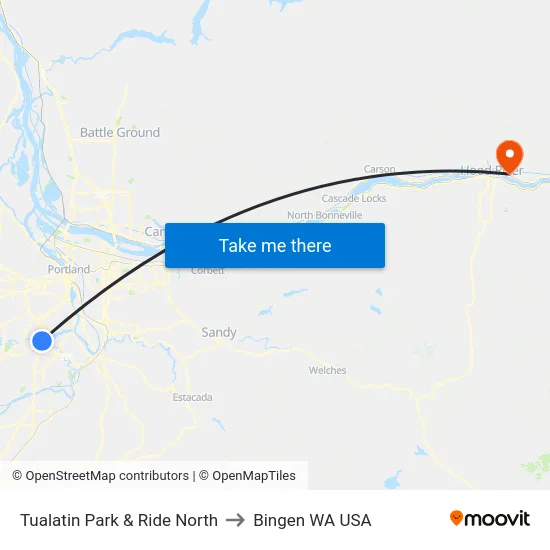 Tualatin Park & Ride North to Bingen WA USA map