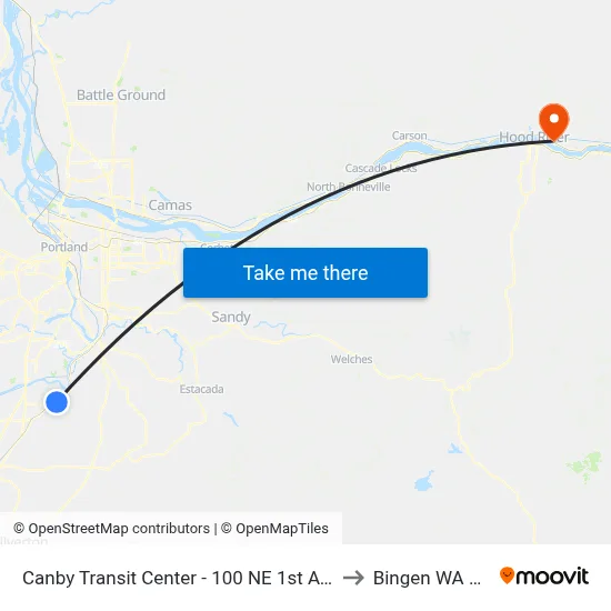 Canby Transit Center - 100 NE 1st Avenue to Bingen WA USA map