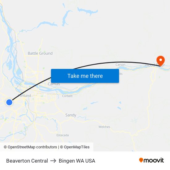 Beaverton Central to Bingen WA USA map