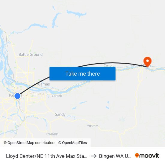 Lloyd Center/NE 11th Ave Max Station to Bingen WA USA map