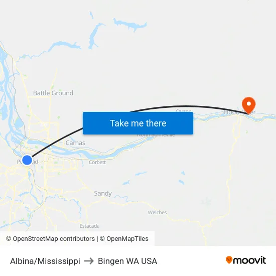 Albina/Mississippi to Bingen WA USA map