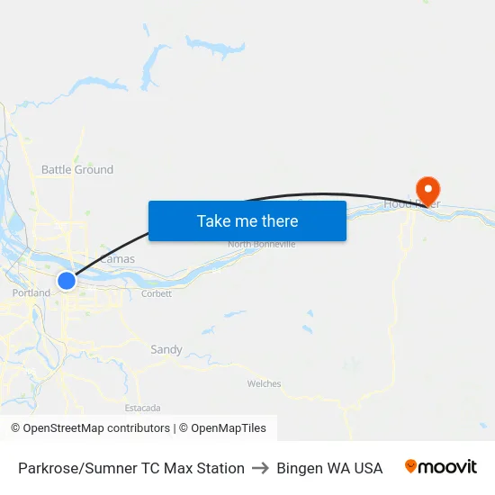 Parkrose/Sumner TC Max Station to Bingen WA USA map