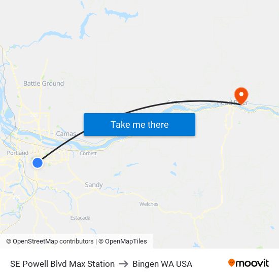 SE Powell Blvd Max Station to Bingen WA USA map