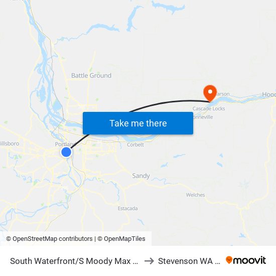 South Waterfront/SW Moody Max Station to Stevenson WA USA map