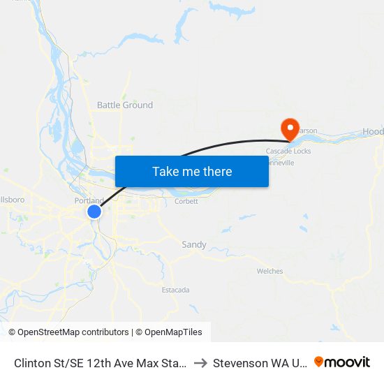 Clinton St/SE 12th Ave Max Station to Stevenson WA USA map