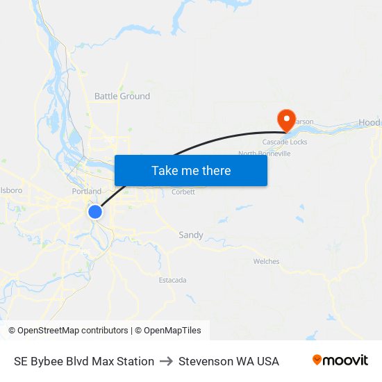 SE Bybee Blvd Max Station to Stevenson WA USA map