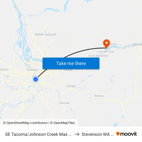 SE Tacoma/Johnson Creek Max Station to Stevenson WA USA map