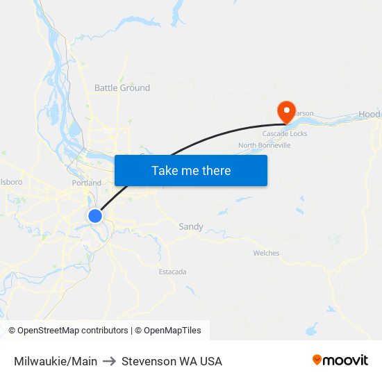 Milwaukie/Main to Stevenson WA USA map