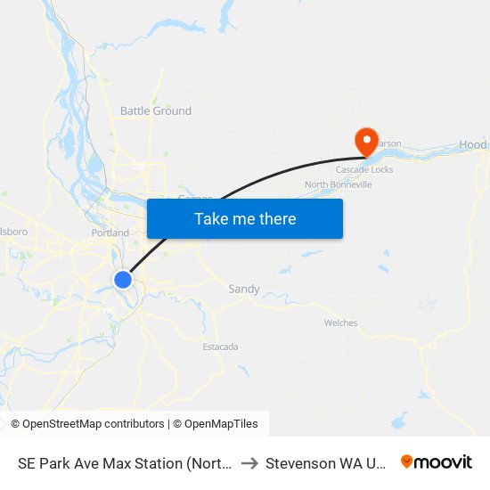 SE Park Ave Max Station (North) to Stevenson WA USA map
