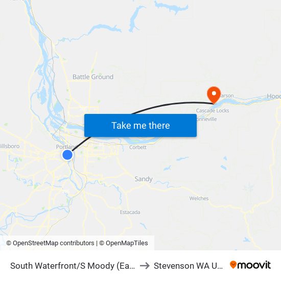 South Waterfront/S Moody (East) to Stevenson WA USA map