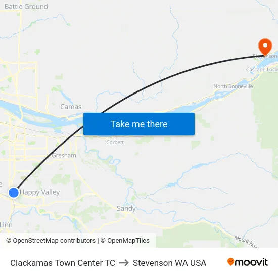 Clackamas Town Center TC to Stevenson WA USA map