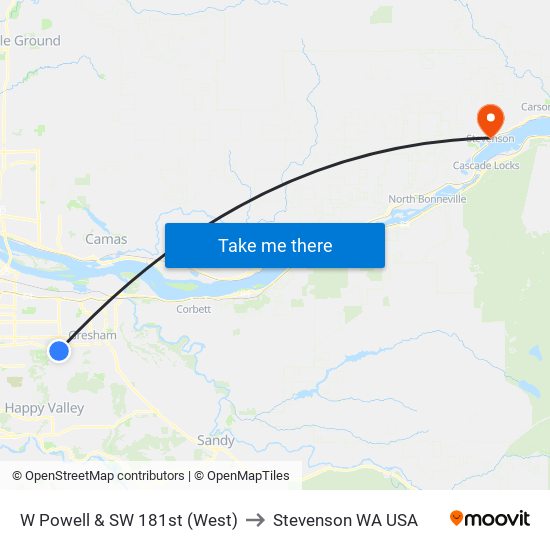 W Powell & SW 181st (West) to Stevenson WA USA map