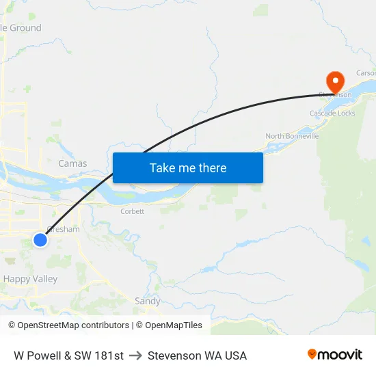 W Powell & SW 181st to Stevenson WA USA map