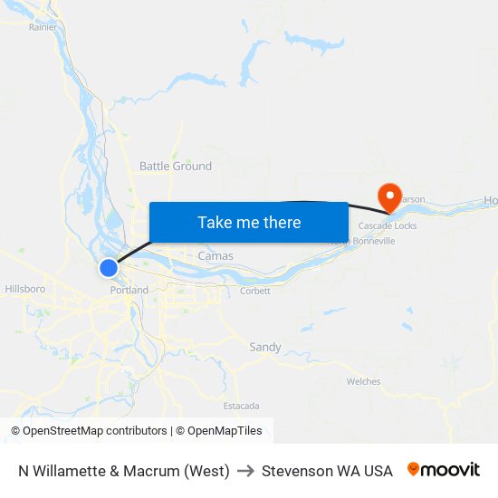 N Willamette & Macrum (West) to Stevenson WA USA map