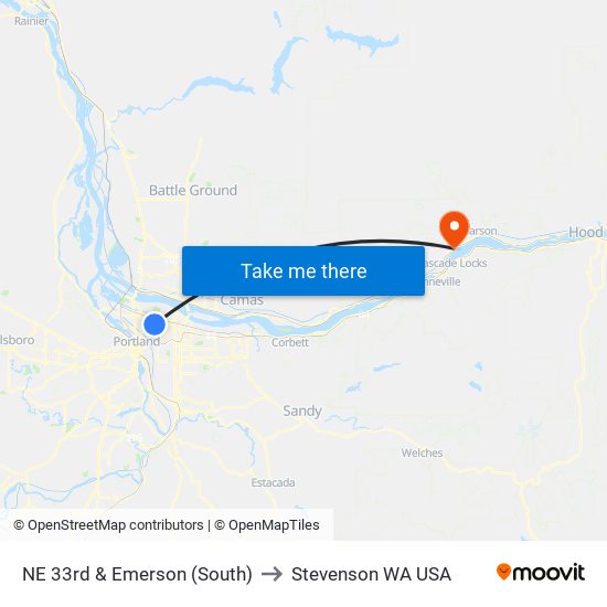 NE 33rd & Emerson (South) to Stevenson WA USA map