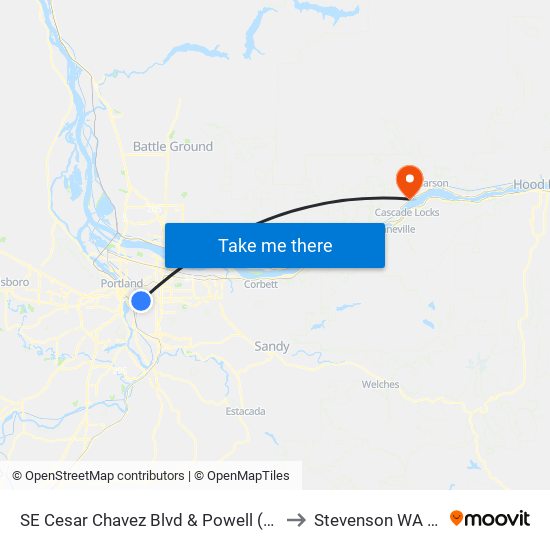 SE Cesar Chavez Blvd & Powell (North) to Stevenson WA USA map