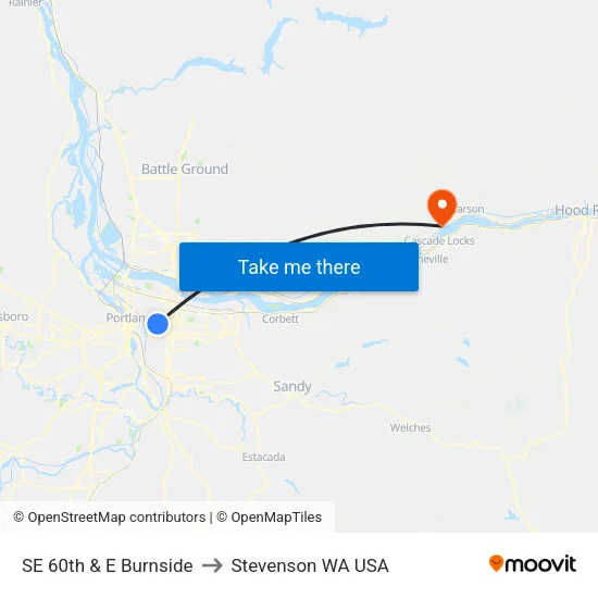 SE 60th & E Burnside to Stevenson WA USA map