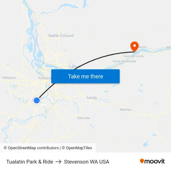Tualatin Park & Ride to Stevenson WA USA map