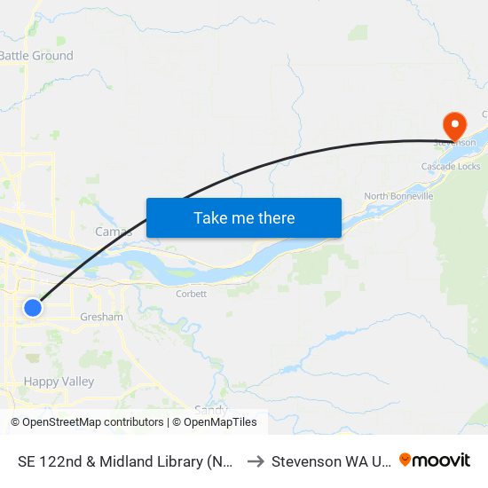 SE 122nd & Midland Library (North) to Stevenson WA USA map
