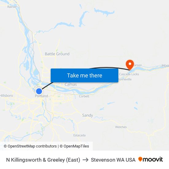 N Killingsworth & Greeley (East) to Stevenson WA USA map