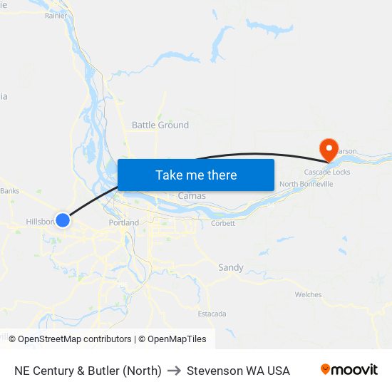 NE Century & Butler (North) to Stevenson WA USA map