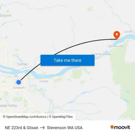 NE 223rd & Glisan to Stevenson WA USA map
