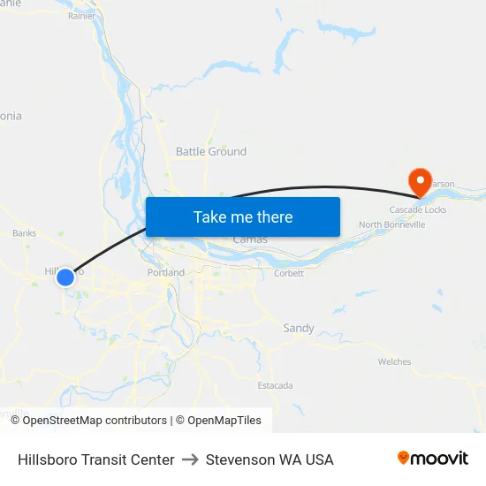 Hillsboro Transit Center to Stevenson WA USA map