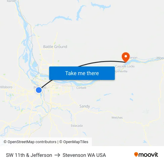 SW 11th & Jefferson to Stevenson WA USA map