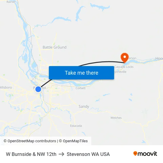 W Burnside & NW 12th to Stevenson WA USA map
