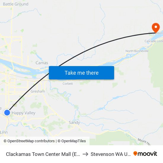 Clackamas Town Center Mall (East) to Stevenson WA USA map