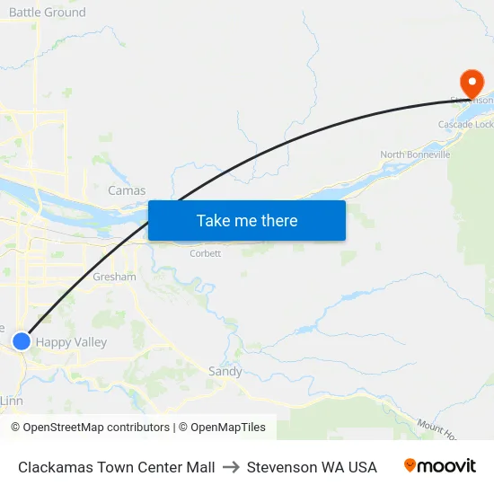 Clackamas Town Center Mall to Stevenson WA USA map