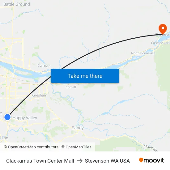 Clackamas Town Center Mall to Stevenson WA USA map
