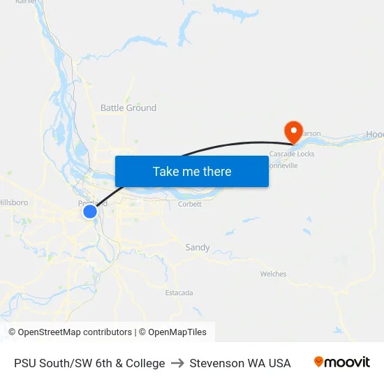 PSU South/SW 6th & College to Stevenson WA USA map