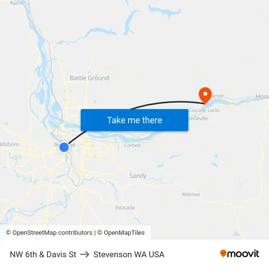 NW 6th & Davis St to Stevenson WA USA map