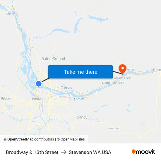 Broadway & 13th Street to Stevenson WA USA map