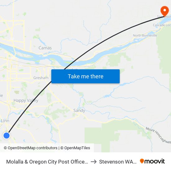 Molalla & Oregon City Post Office (South) to Stevenson WA USA map