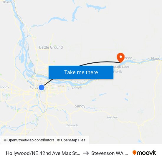 Hollywood/NE 42nd Ave TC Max Station to Stevenson WA USA map