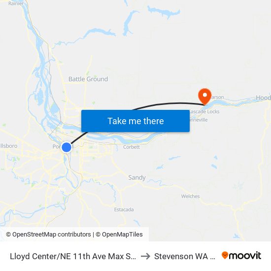 Lloyd Center/NE 11th Ave Max Station to Stevenson WA USA map