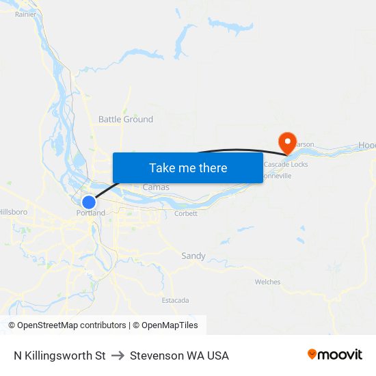 N Killingsworth St to Stevenson WA USA map