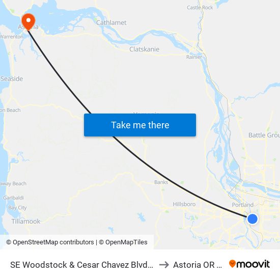 SE Woodstock & Cesar Chavez Blvd (West) to Astoria OR USA map