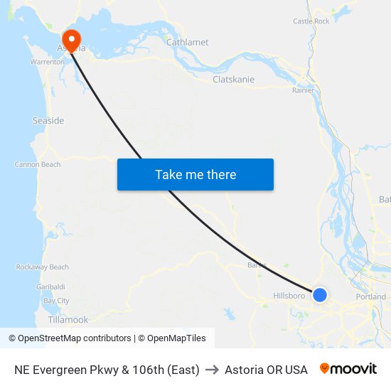 NE Evergreen Pkwy & 106th (East) to Astoria OR USA map