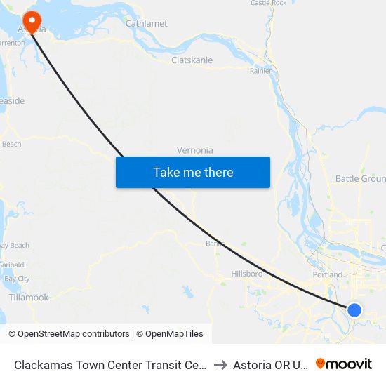 Clackamas Town Center Transit Center to Astoria OR USA map