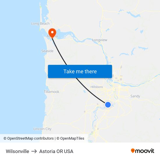 Wilsonville to Astoria OR USA map