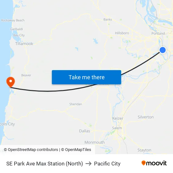 SE Park Ave Max Station to Pacific City map